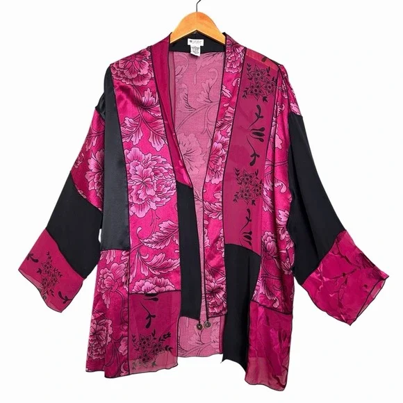Units Vintage Silk Blend Kimono 1X Pink Black Floral Open Jacket Whimsigoth - Picture 3 of 10